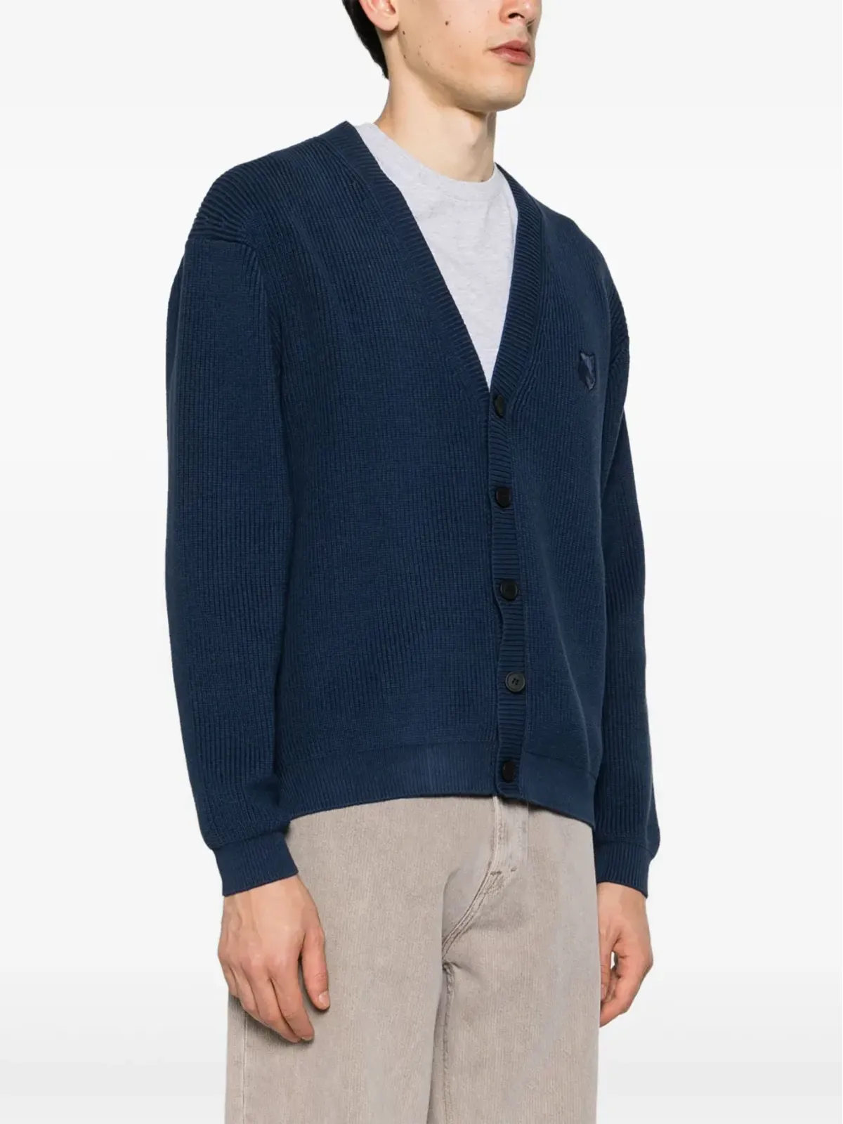 Maison Kitsuné フォックスヘッドパッチ Vネック カーディガン ブルー - 画像3
