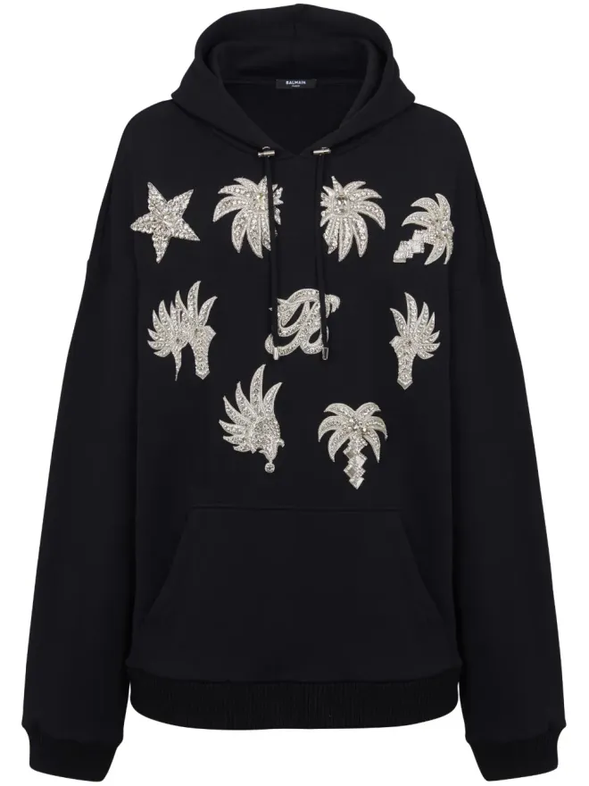 BALMAIN Balmain クリスタルエンブリッシュド コットン フーディー - ブラックの商品画像