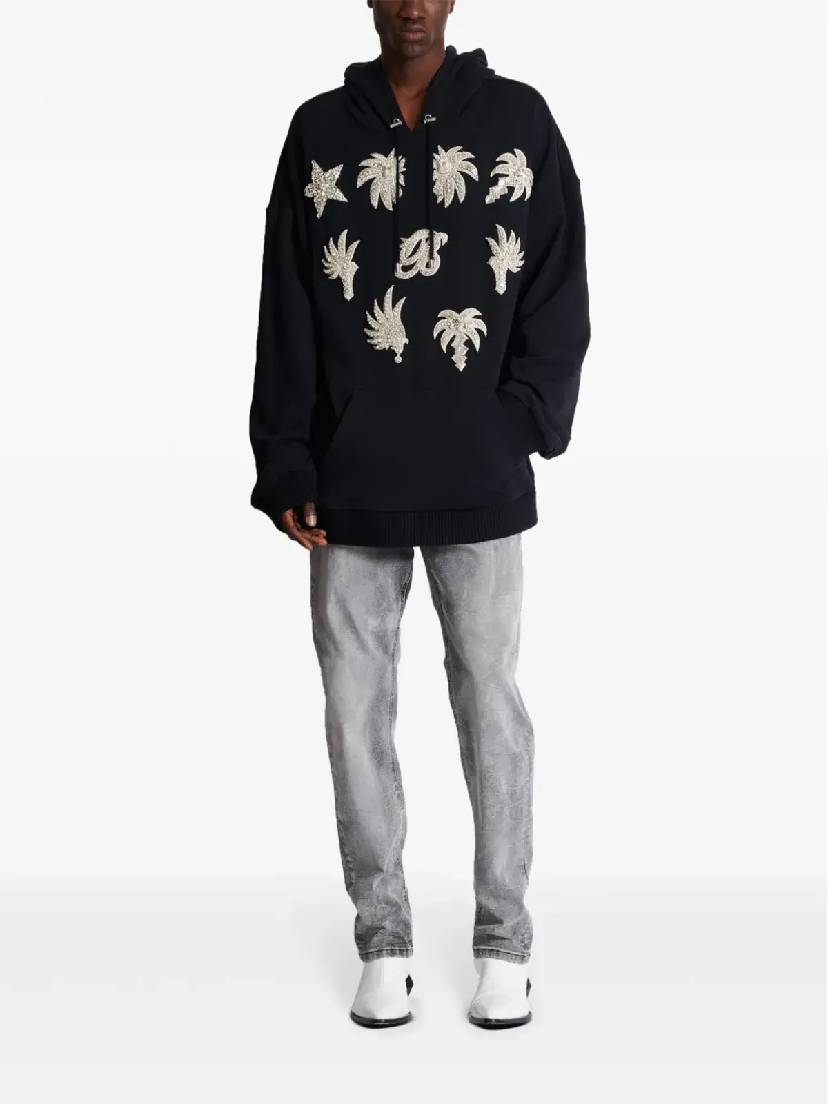 Balmain クリスタルエンブリッシュド コットン フーディー - ブラック - 画像2