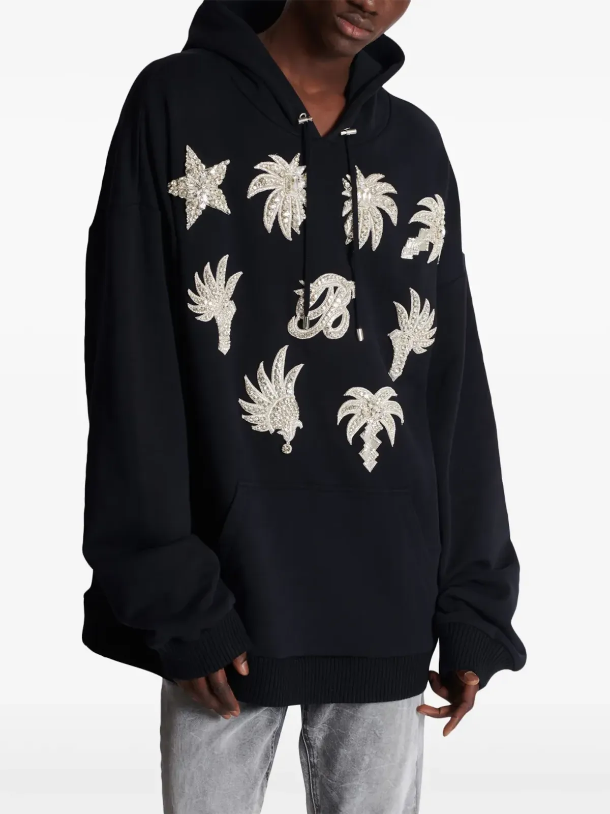 Balmain クリスタルエンブリッシュド コットン フーディー - ブラック - 画像3
