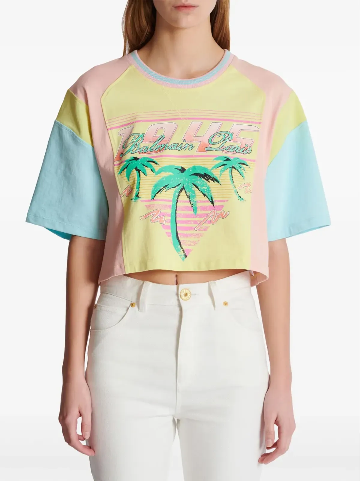 Balmain パームツリー柄 クロップドTシャツ イエロー - 画像5