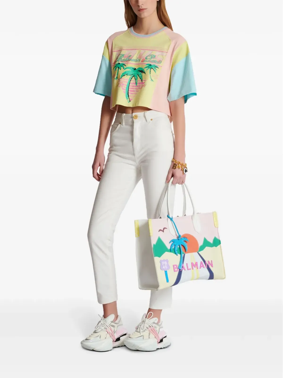 Balmain パームツリー柄 クロップドTシャツ イエロー - 画像2