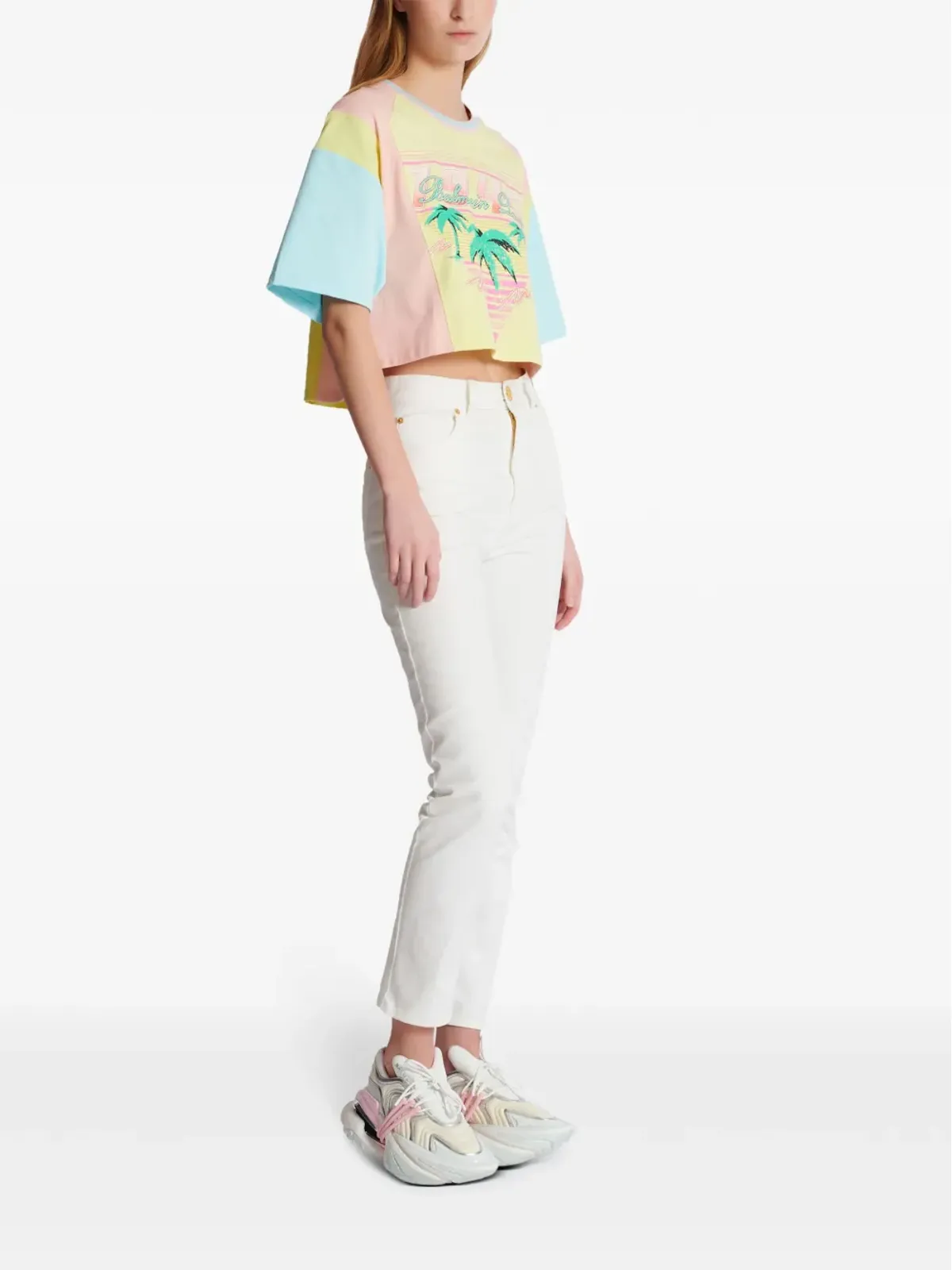 Balmain パームツリー柄 クロップドTシャツ イエロー - 画像3