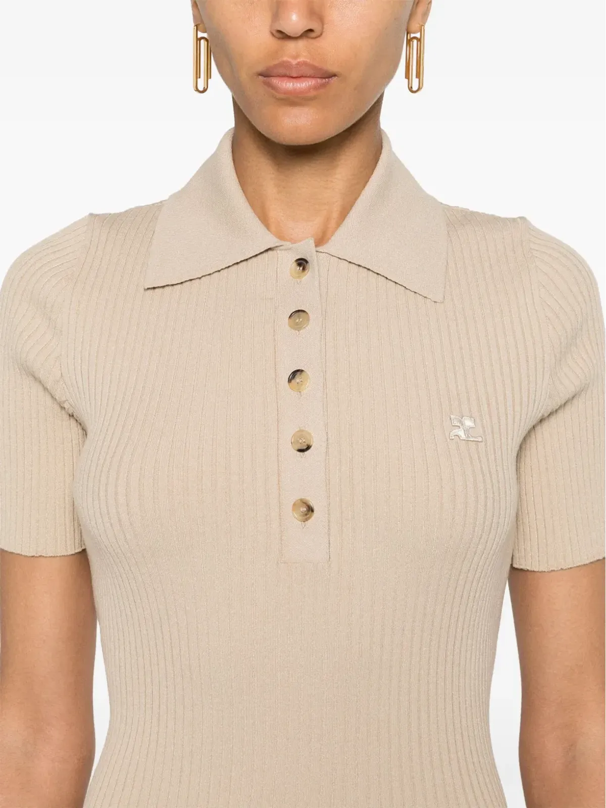 Courrèges ロゴパッチ リブ編みポロトップ - 画像5