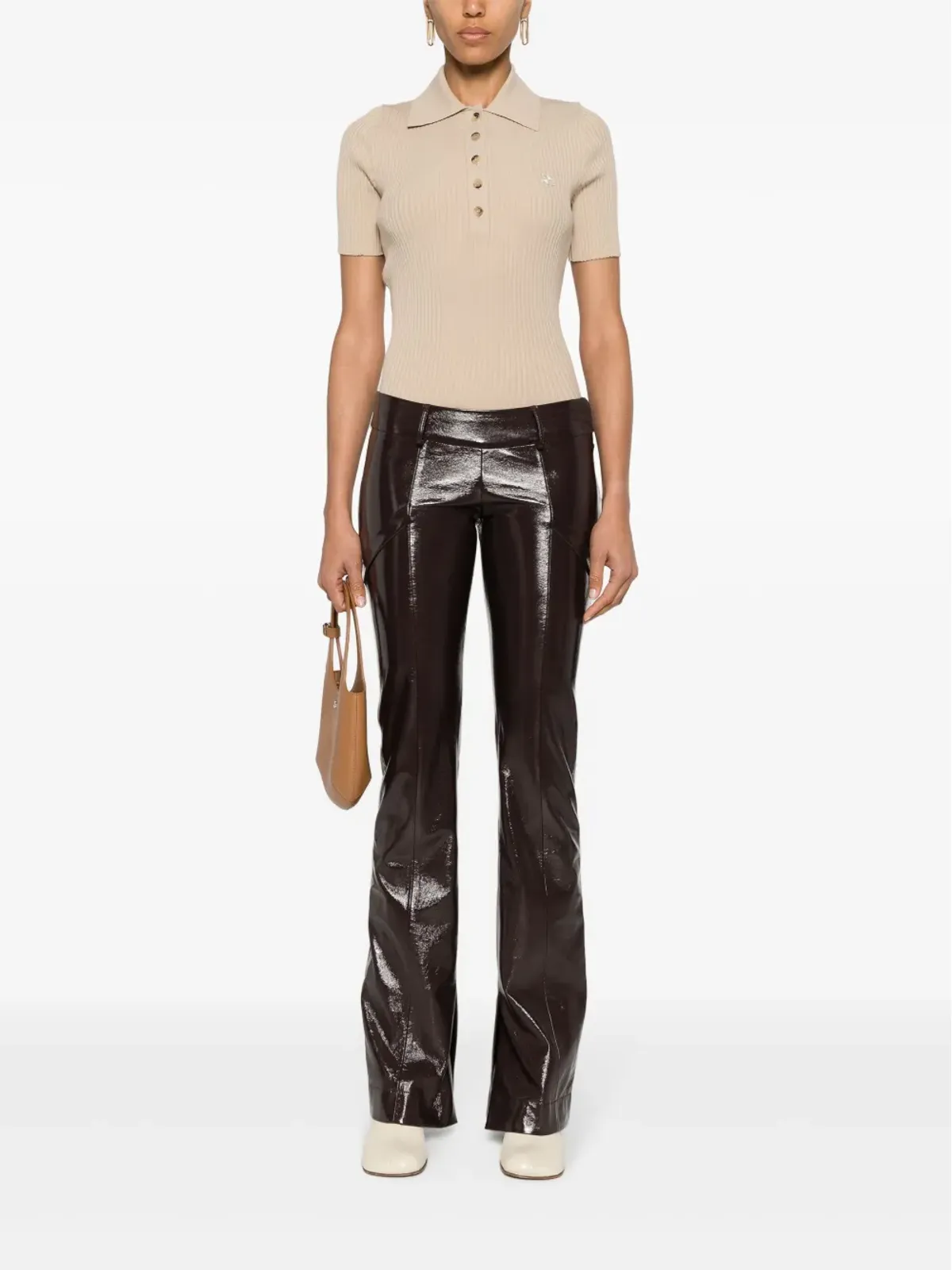 Courrèges ロゴパッチ リブ編みポロトップ - 画像2