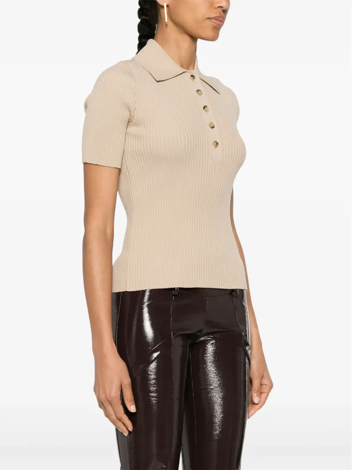 Courrèges ロゴパッチ リブ編みポロトップ - 画像3