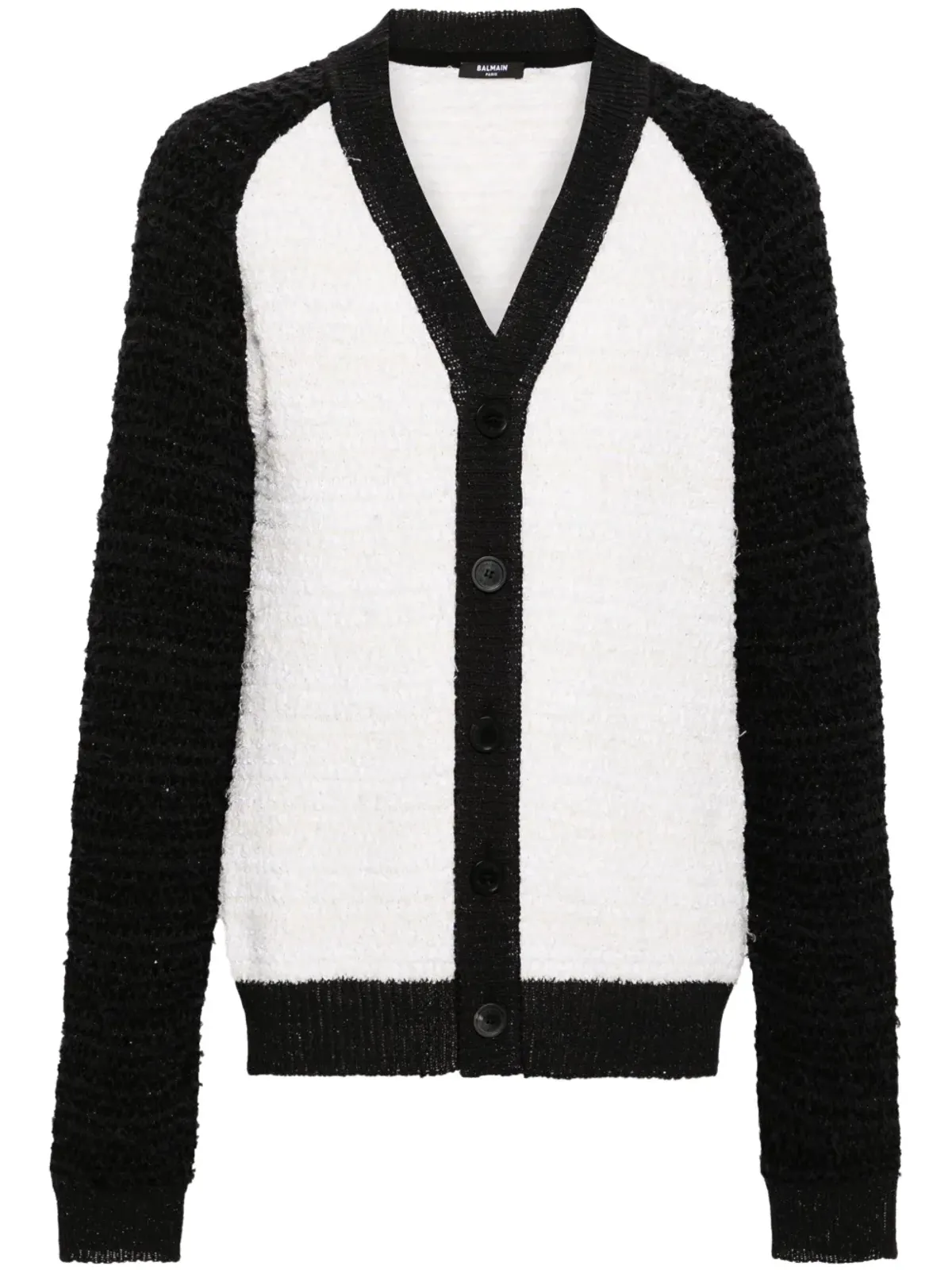 Balmain カラーブロック ブークレ カーディガン 白×黒 - 画像1