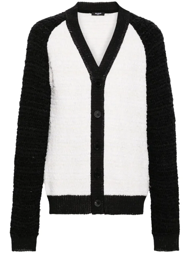 BALMAIN Balmain カラーブロック ブークレ カーディガン 白×黒の商品画像