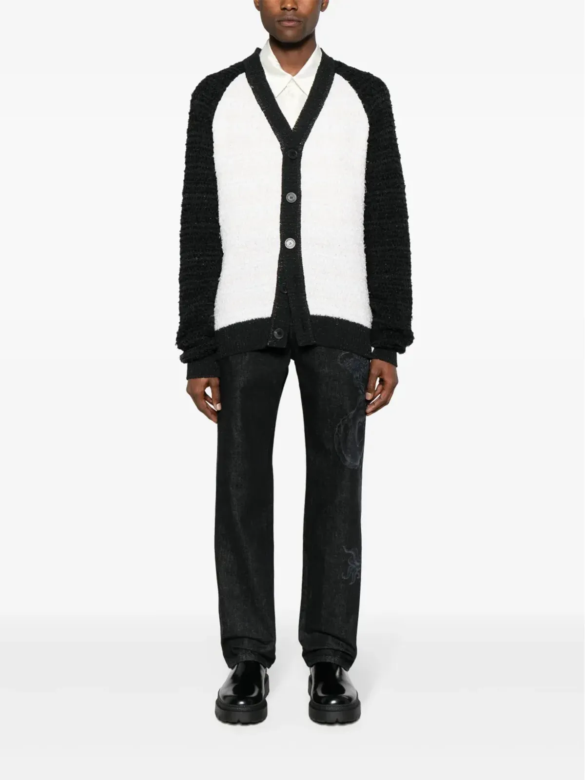 Balmain カラーブロック ブークレ カーディガン 白×黒 - 画像2