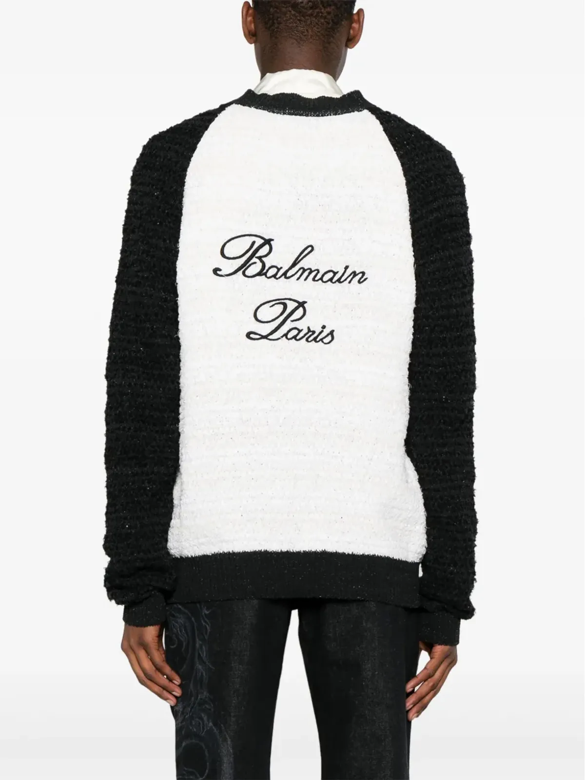 Balmain カラーブロック ブークレ カーディガン 白×黒 - 画像4