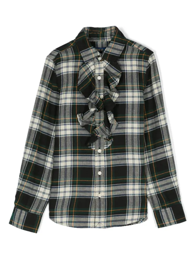 POLO RALPH LAUREN KIDS POLO RALPH LAUREN KIDS plaid-check ラッフルコットンシャツ - Greenの商品画像