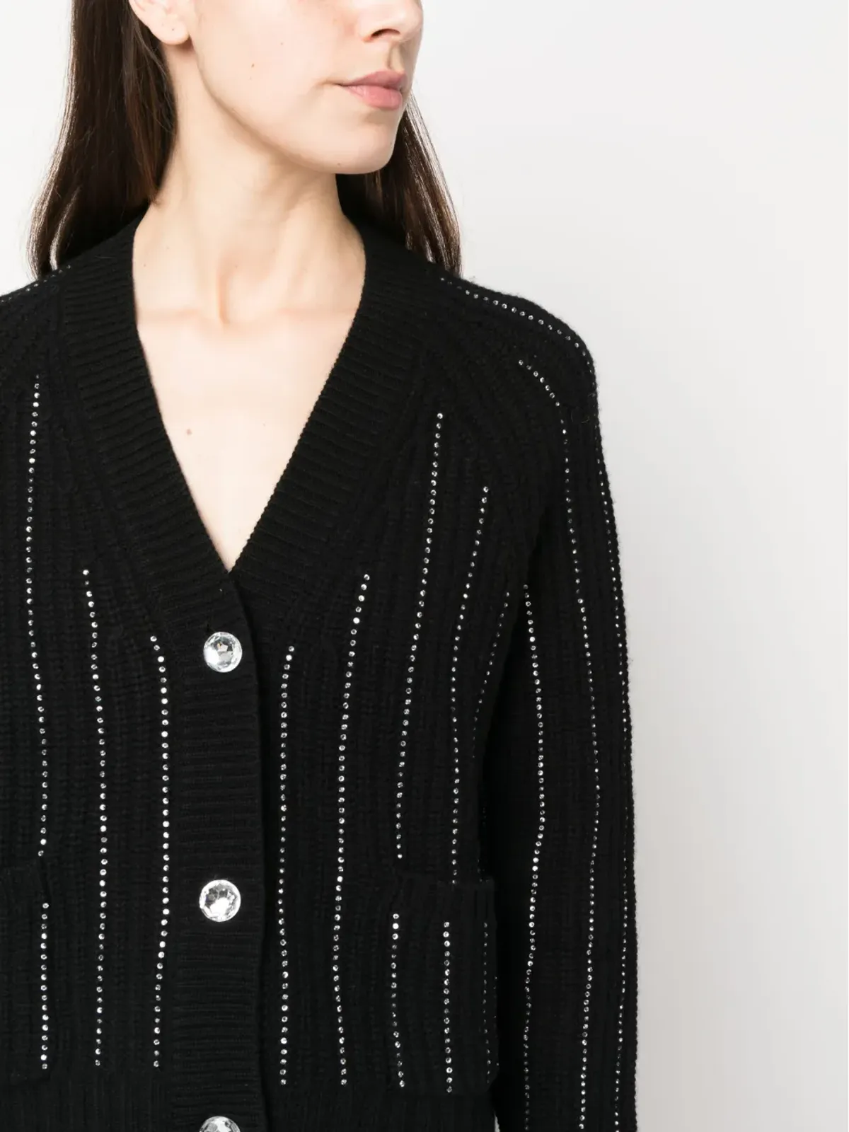 Allude rhinestone-stripes wool-blend cardigan - Black - 画像5