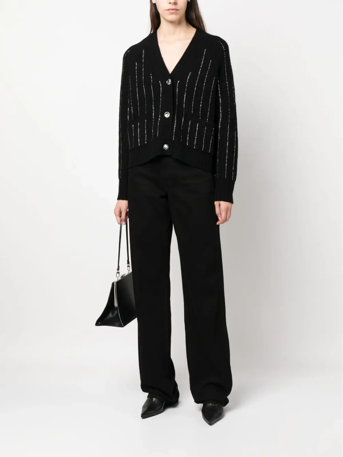 Allude rhinestone-stripes wool-blend cardigan - Black - 画像2