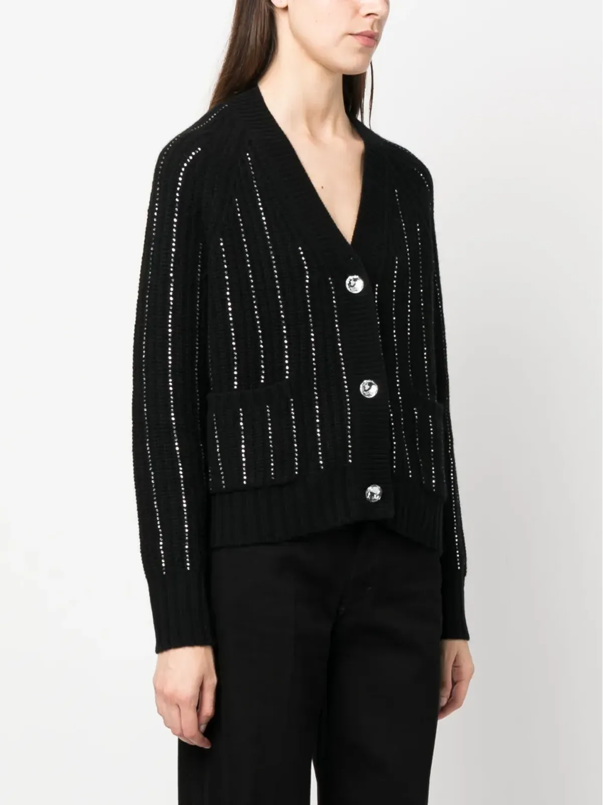 Allude rhinestone-stripes wool-blend cardigan - Black - 画像3