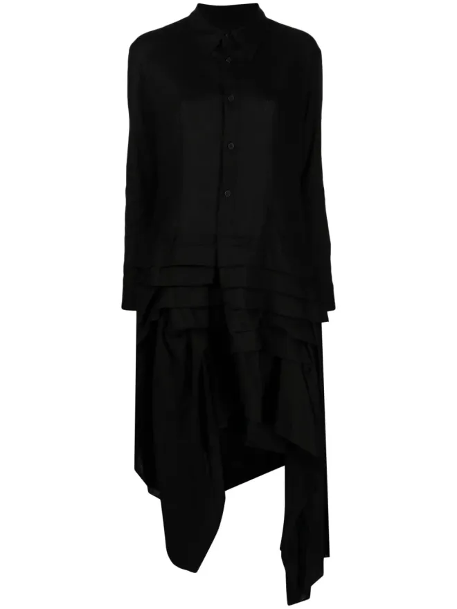 YOHJI YAMAMOTO Yohji Yamamoto アシンメトリック・フリル付きミディ丈シャツドレス ブラックの商品画像