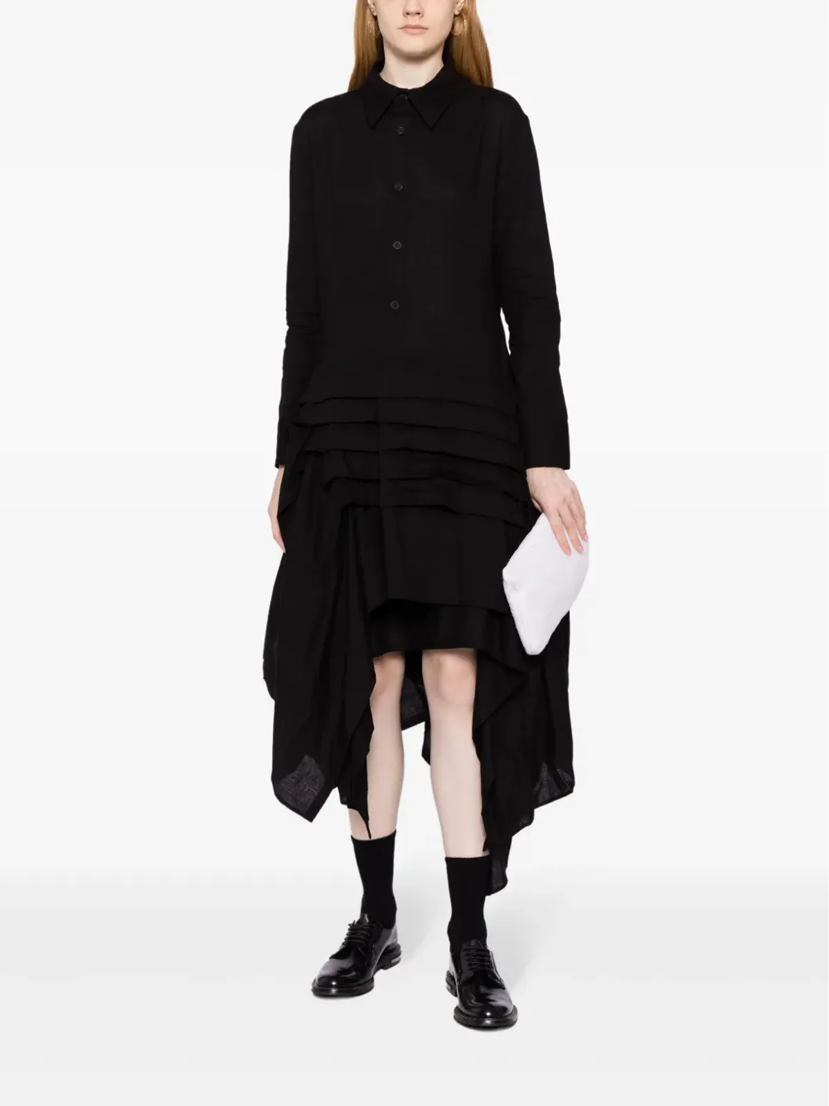 Yohji Yamamoto アシンメトリック・フリル付きミディ丈シャツドレス ブラック - 画像2