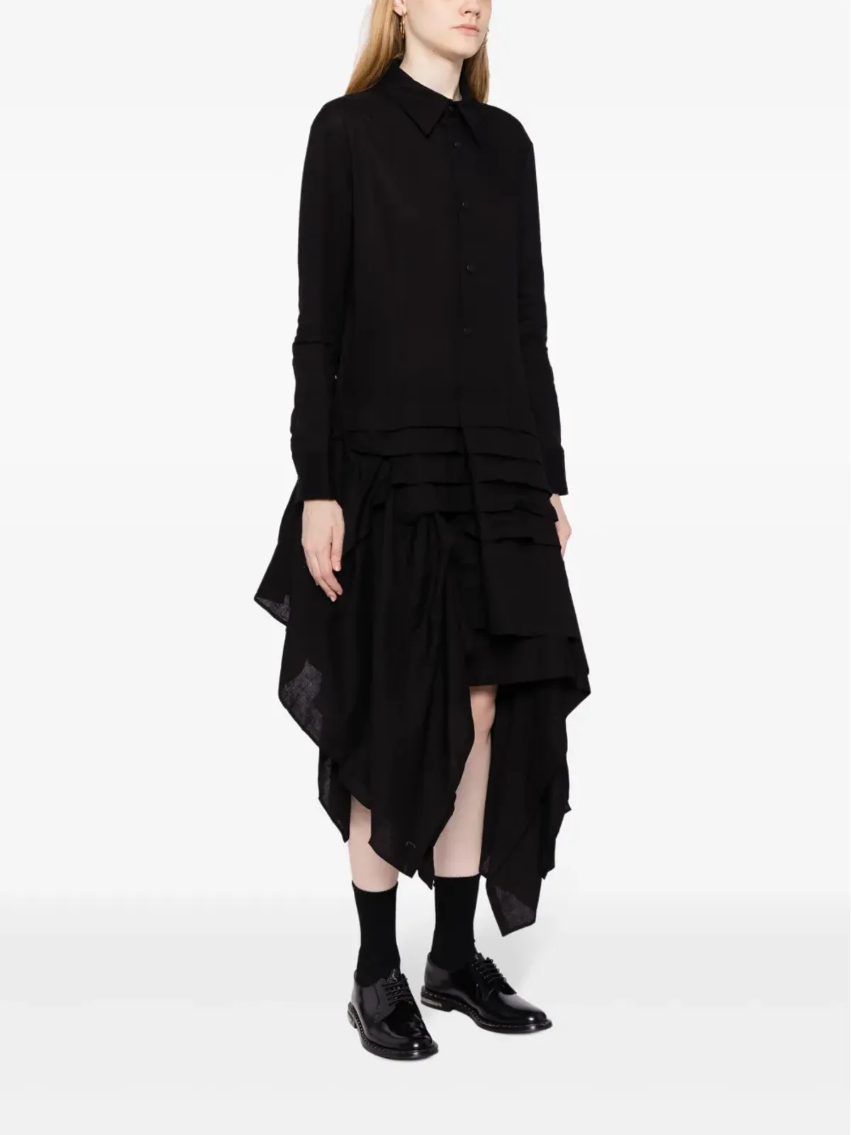 Yohji Yamamoto アシンメトリック・フリル付きミディ丈シャツドレス ブラック - 画像3