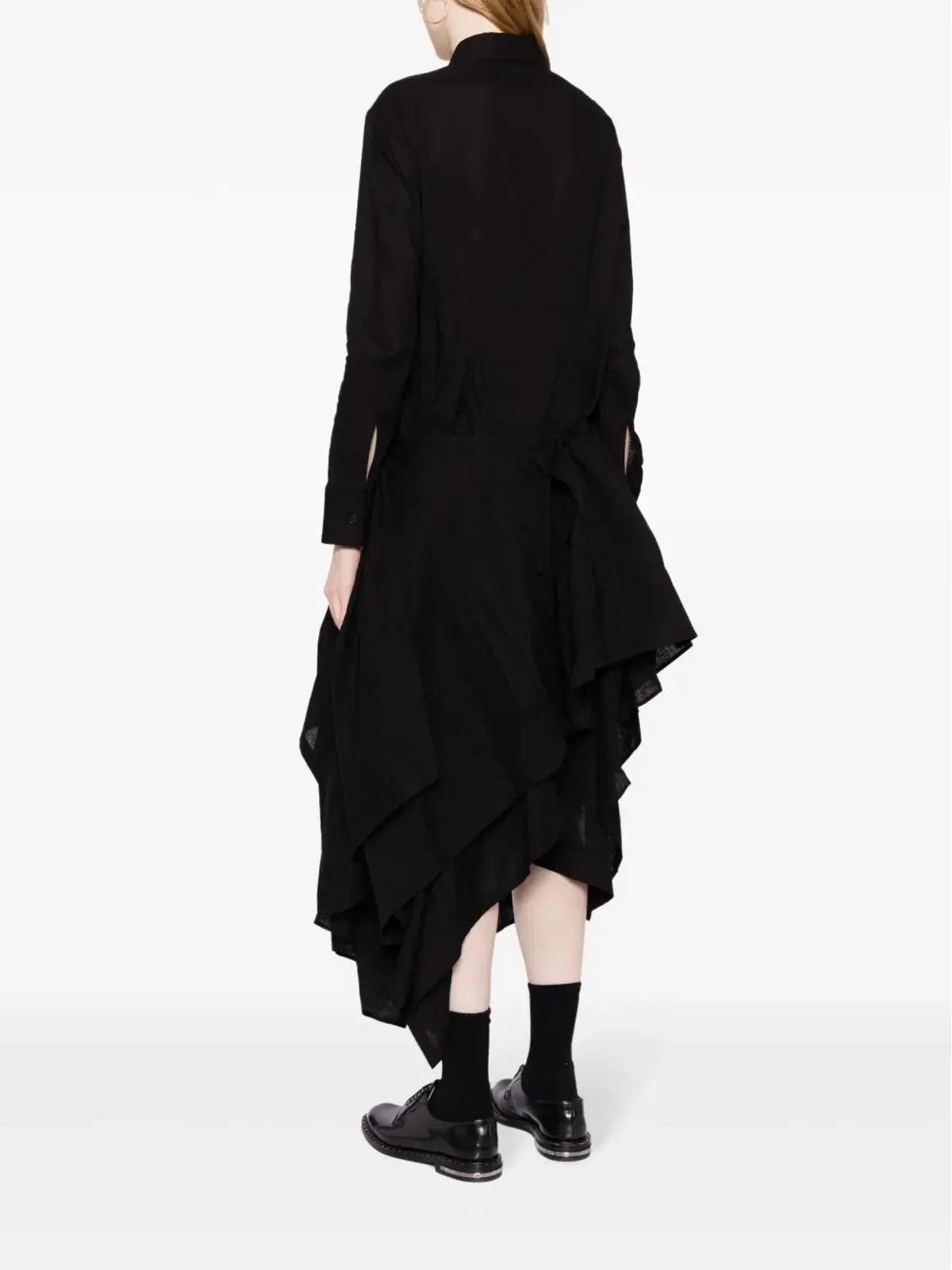Yohji Yamamoto アシンメトリック・フリル付きミディ丈シャツドレス ブラック - 画像4