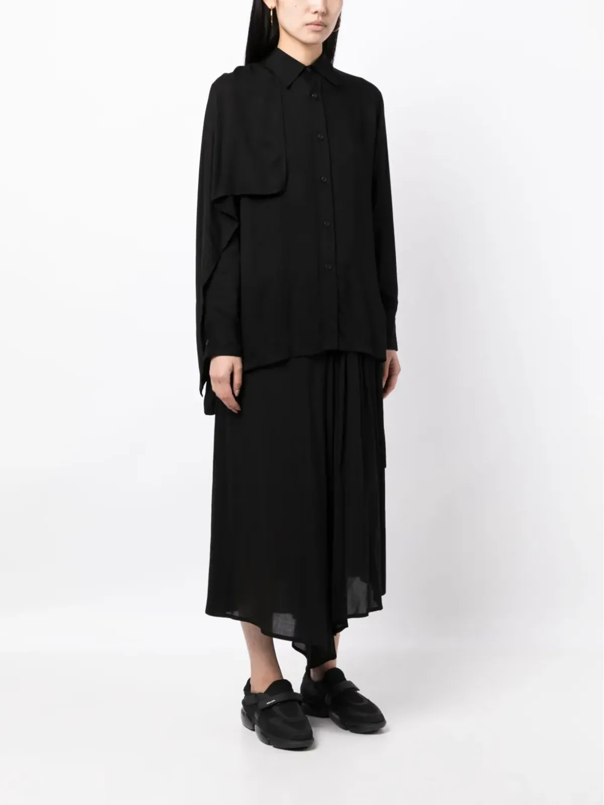 Yohji Yamamoto プリーツ入りハイロー・ヘム シャツ ブラック - 画像4