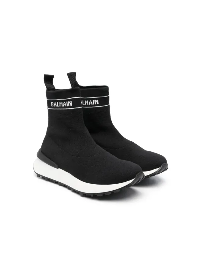 Balmain Kids Balmain Kids ロゴ入りインターシャメッシュハイカットスニーカー - ブラックの商品画像