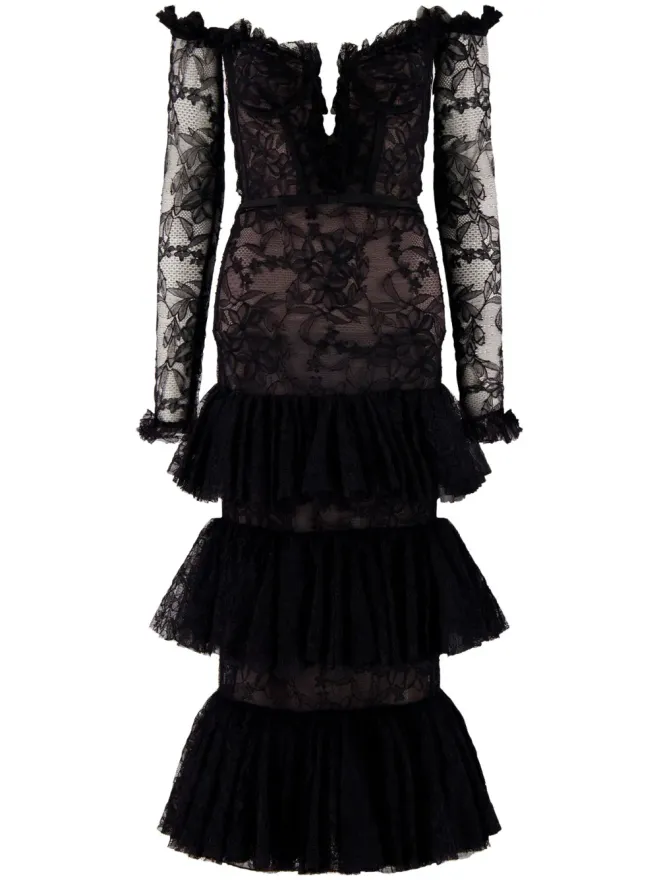Giambattista Valli Giambattista Valli ティアード オフショルダーレースドレス ブラックの商品画像