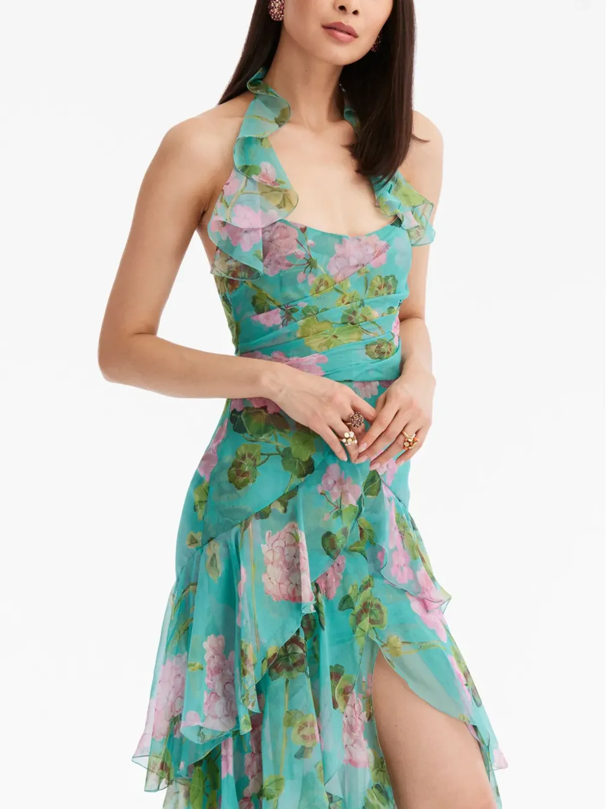 Oscar de la Renta オスカー・デ・ラ・レンタ ジェラニウム柄フリル付きシフォンガウン - 画像5
