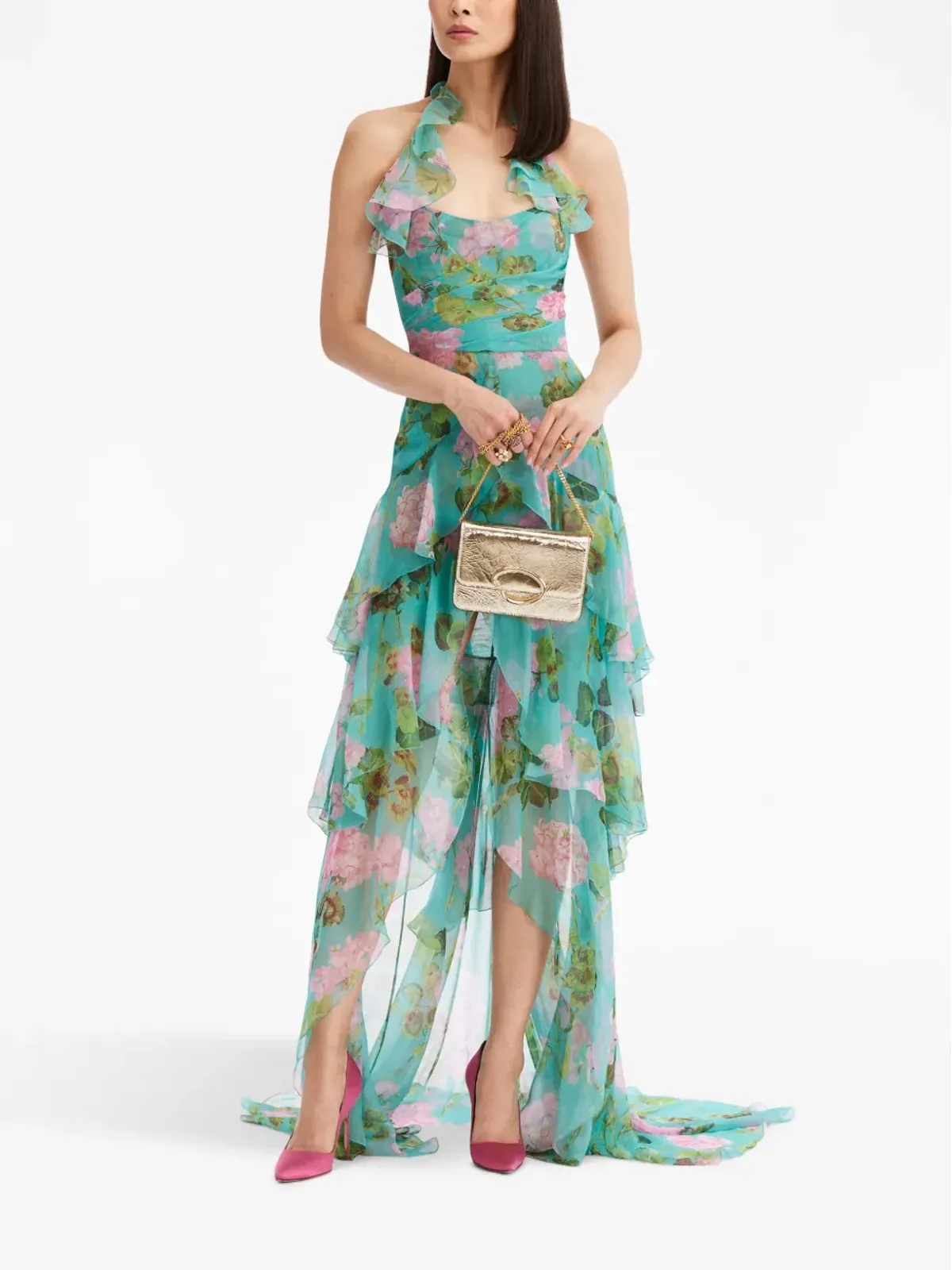 Oscar de la Renta オスカー・デ・ラ・レンタ ジェラニウム柄フリル付きシフォンガウン - 画像2