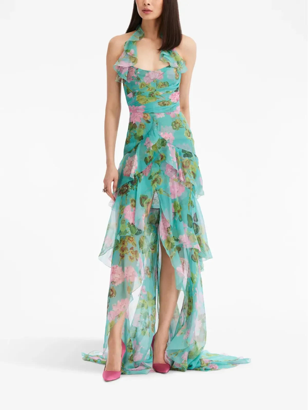 Oscar de la Renta オスカー・デ・ラ・レンタ ジェラニウム柄フリル付きシフォンガウン - 画像3