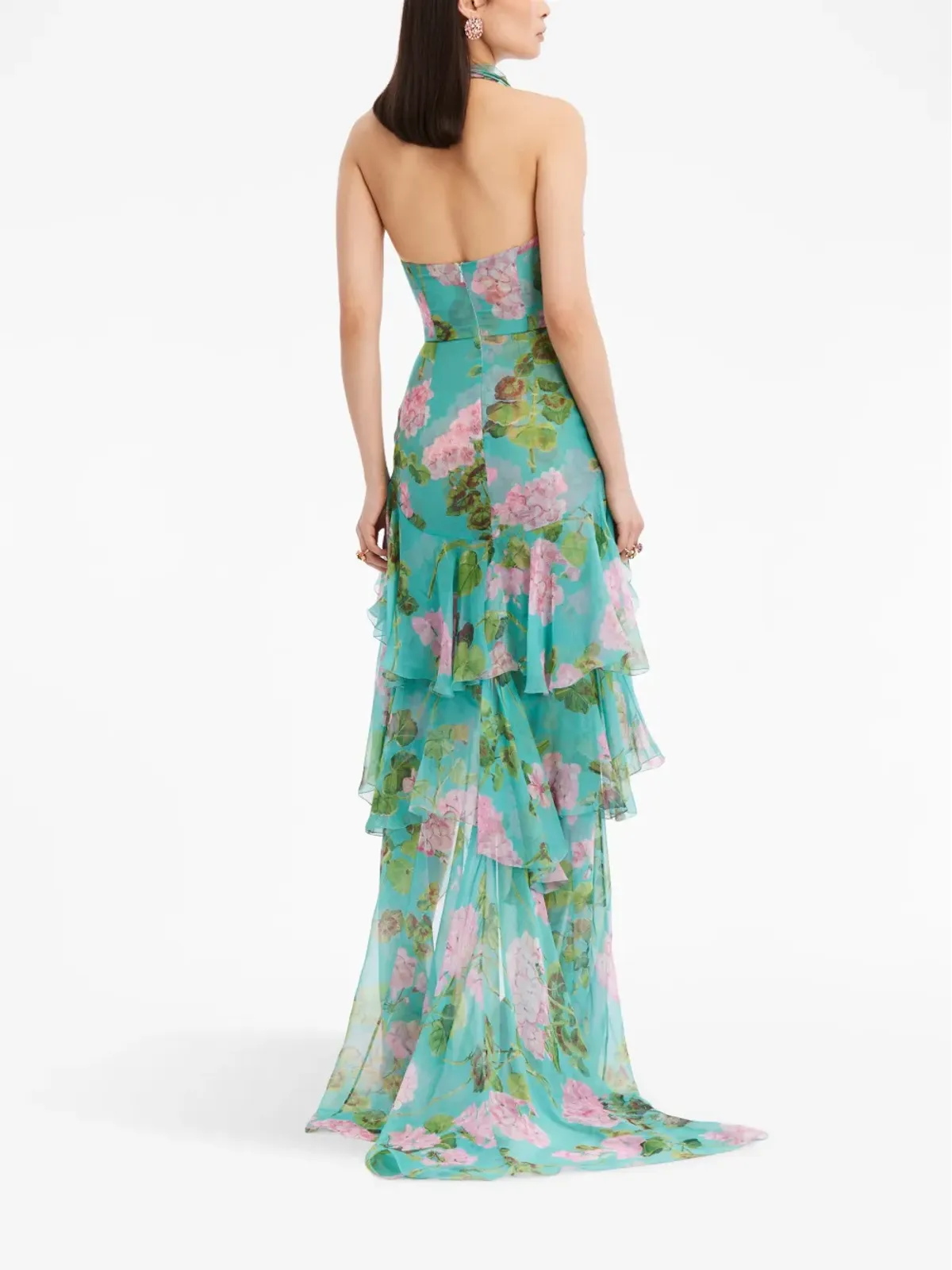 Oscar de la Renta オスカー・デ・ラ・レンタ ジェラニウム柄フリル付きシフォンガウン - 画像4