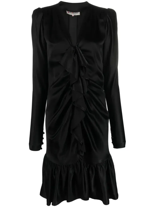 Saint Laurent Pre-Owned Saint Laurent Pre-Owned 1970s ruffled front long-sleeved silk dress - Blackの商品画像
