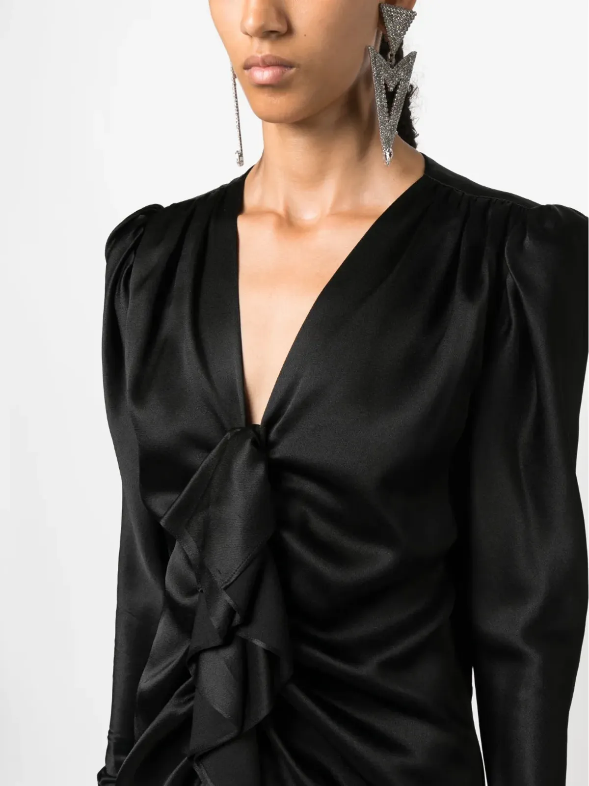 Saint Laurent Pre-Owned 1970s ruffled front long-sleeved silk dress - Black - 画像5