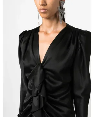 Saint Laurent Pre-Owned 1970s ruffled front long-sleeved silk dress - Black - サムネイル5