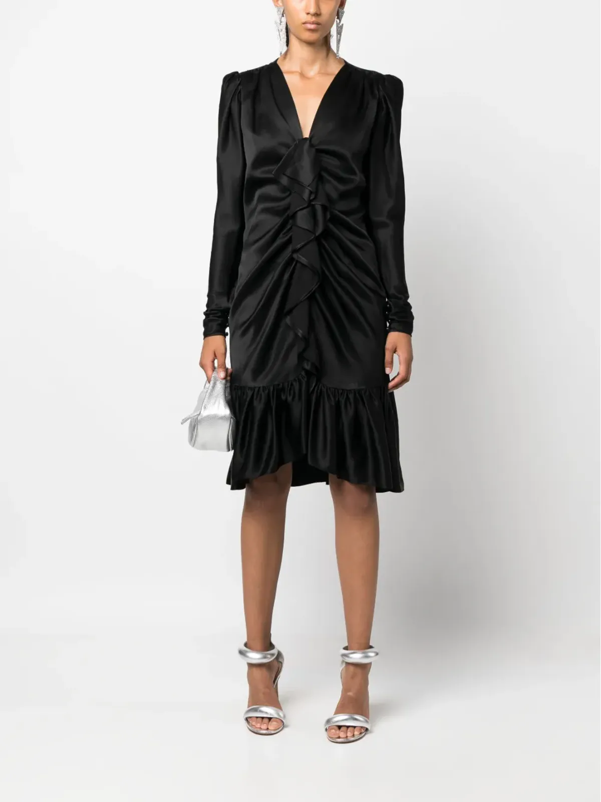 Saint Laurent Pre-Owned 1970s ruffled front long-sleeved silk dress - Black - 画像2