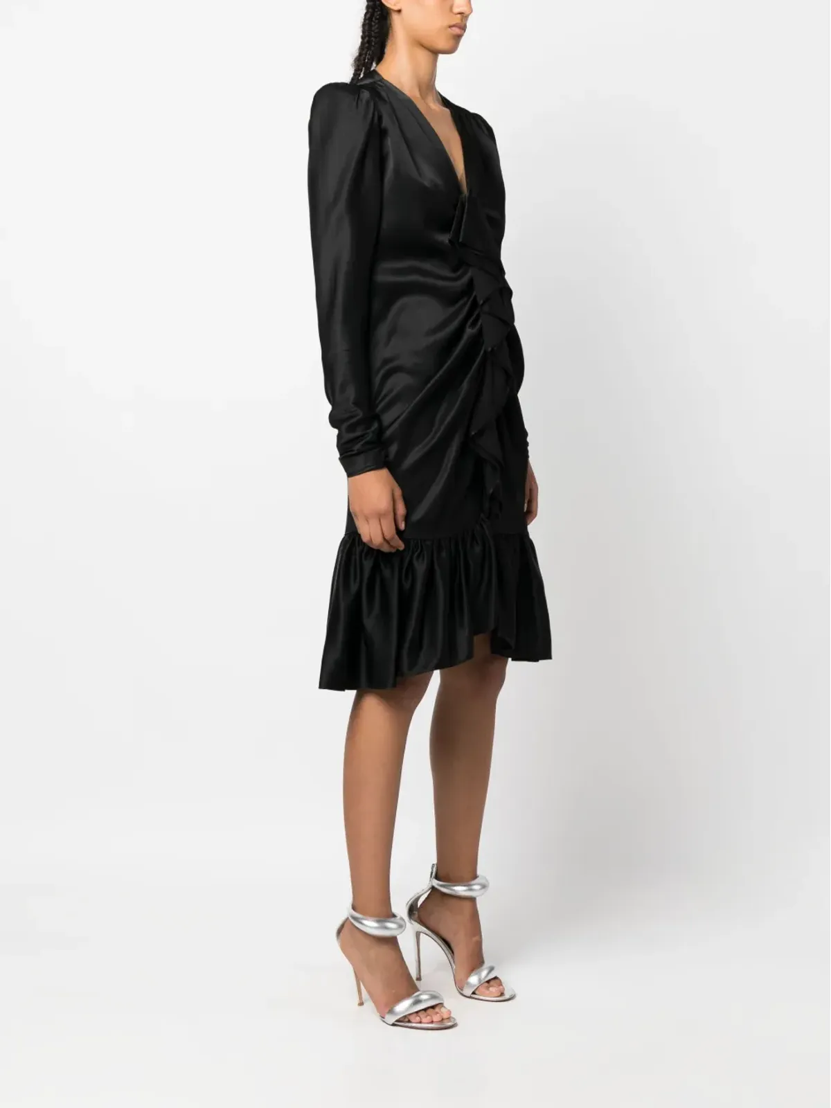 Saint Laurent Pre-Owned 1970s ruffled front long-sleeved silk dress - Black - 画像3
