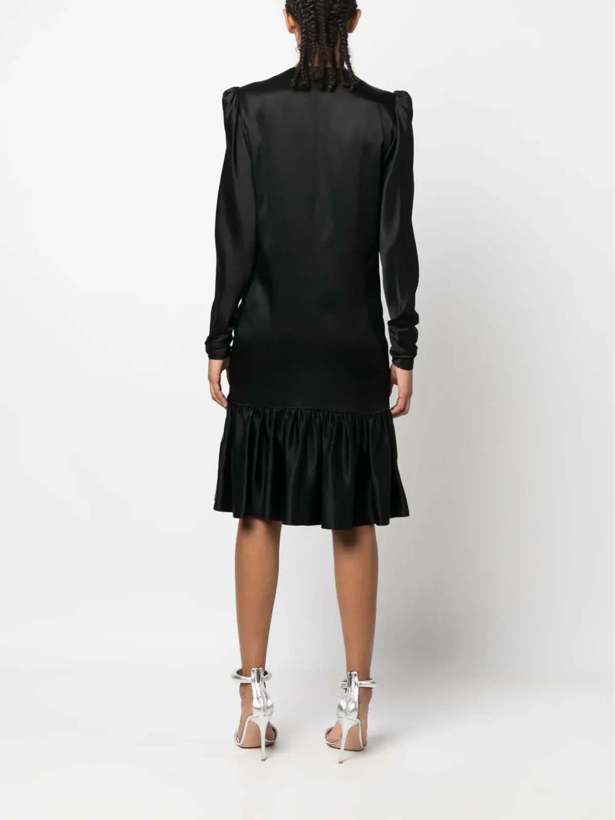 Saint Laurent Pre-Owned 1970s ruffled front long-sleeved silk dress - Black - 画像4