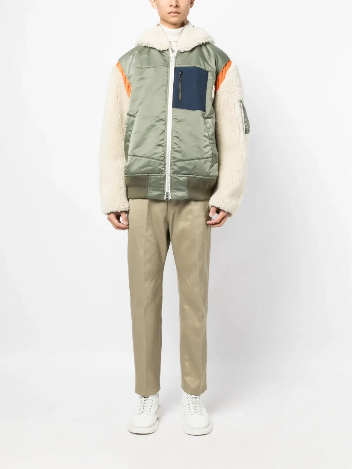 sacai カラーブロック ジップアップ フード付きジャケット - グリーン - 画像2