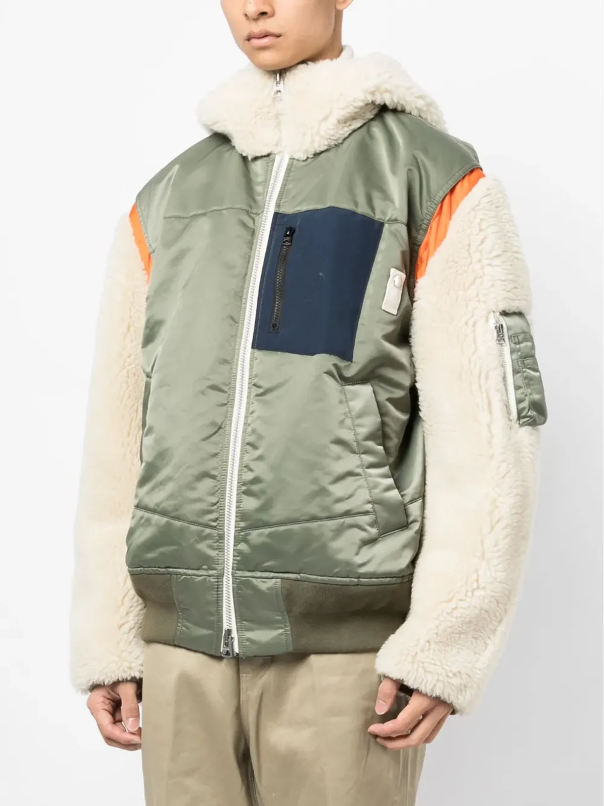 sacai カラーブロック ジップアップ フード付きジャケット - グリーン - 画像3