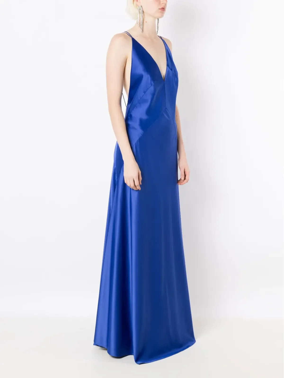 Lethicia Bronstein サテン仕上げ Vネックのイブニングドレス - ブルー - 画像3