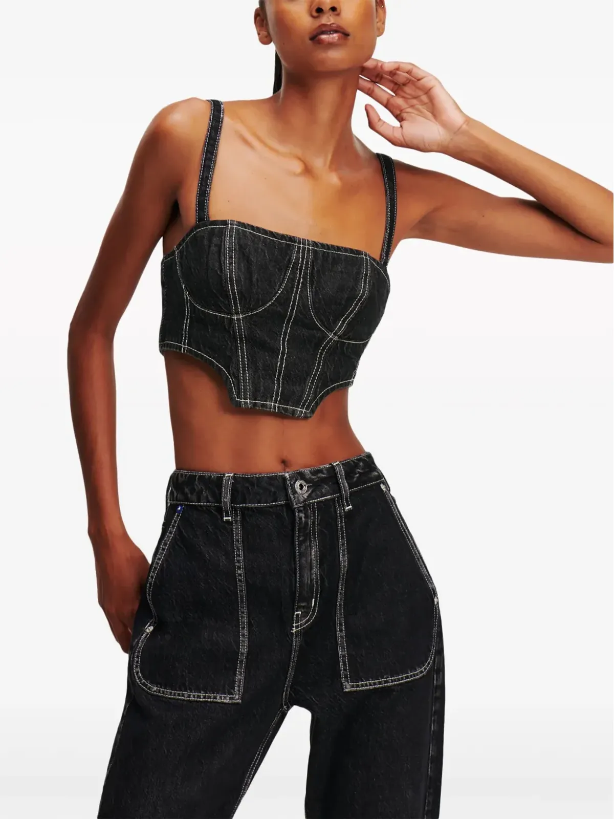 Karl Lagerfeld Jeans クロップドデニムタンクトップ ブラック - 画像3
