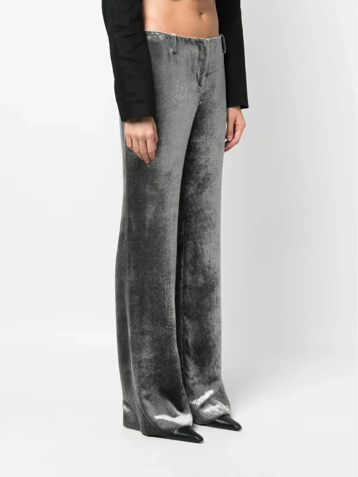 Alberta Ferretti クラッシュドベルベット ローライズパンツ - シルバー - 画像3