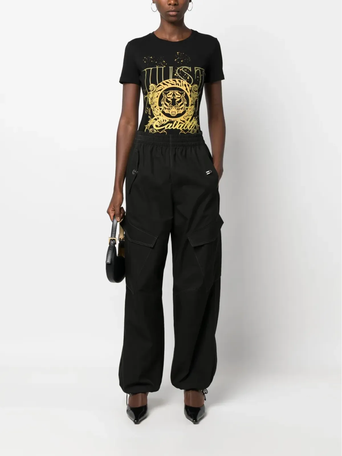 Just Cavalli タイガーヘッドモチーフ コットンTシャツ ブラック - 画像2