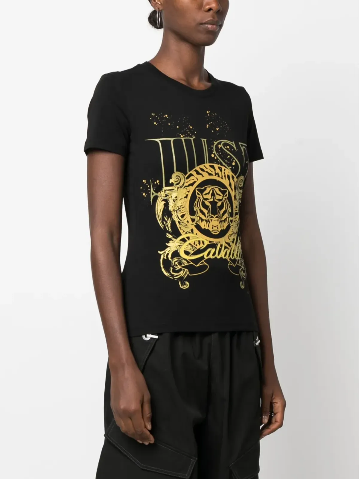 Just Cavalli タイガーヘッドモチーフ コットンTシャツ ブラック - 画像3