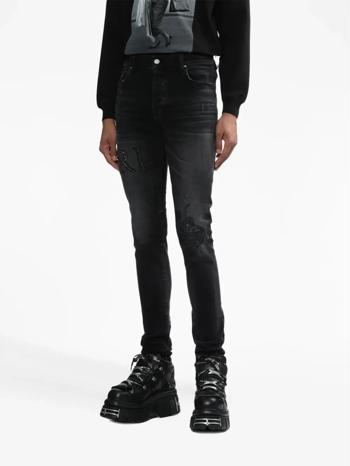 AMIRI クリスタルをあしらったスキニージーンズ ブラック - 画像3
