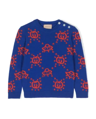 Gucci Kids インターロッキングGロゴ インターシャニット ジャンパー - ブルー - サムネイル1