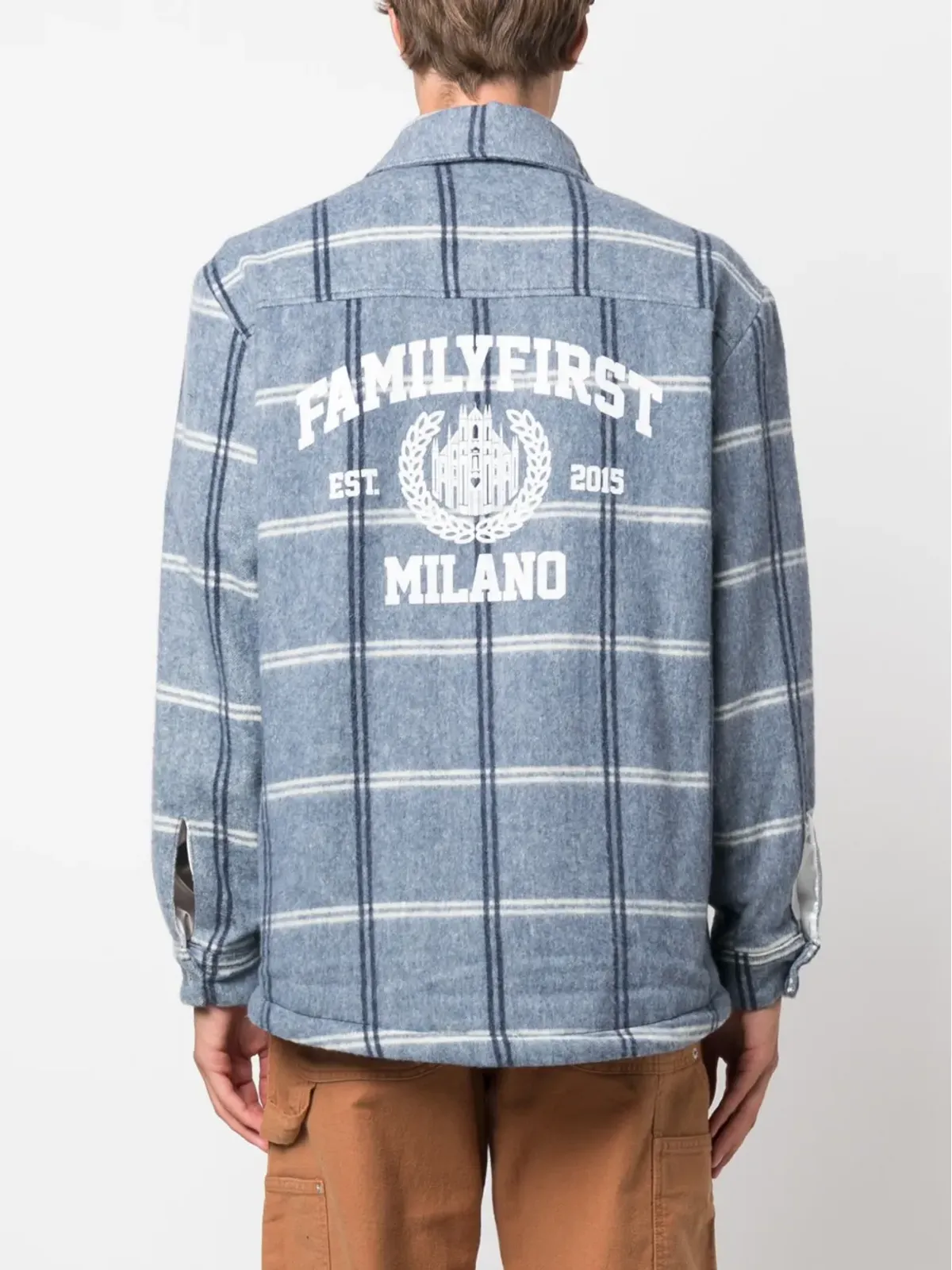 Family First ロゴプリント チェック柄フランネルシャツ ブルー - 画像4