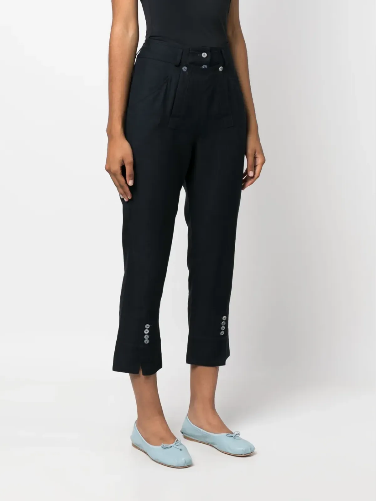 Christian Dior Pre-Owned 1990年代 ネイビー リネン混 クロップドパンツ フレア ボタン付きカフス - 画像3