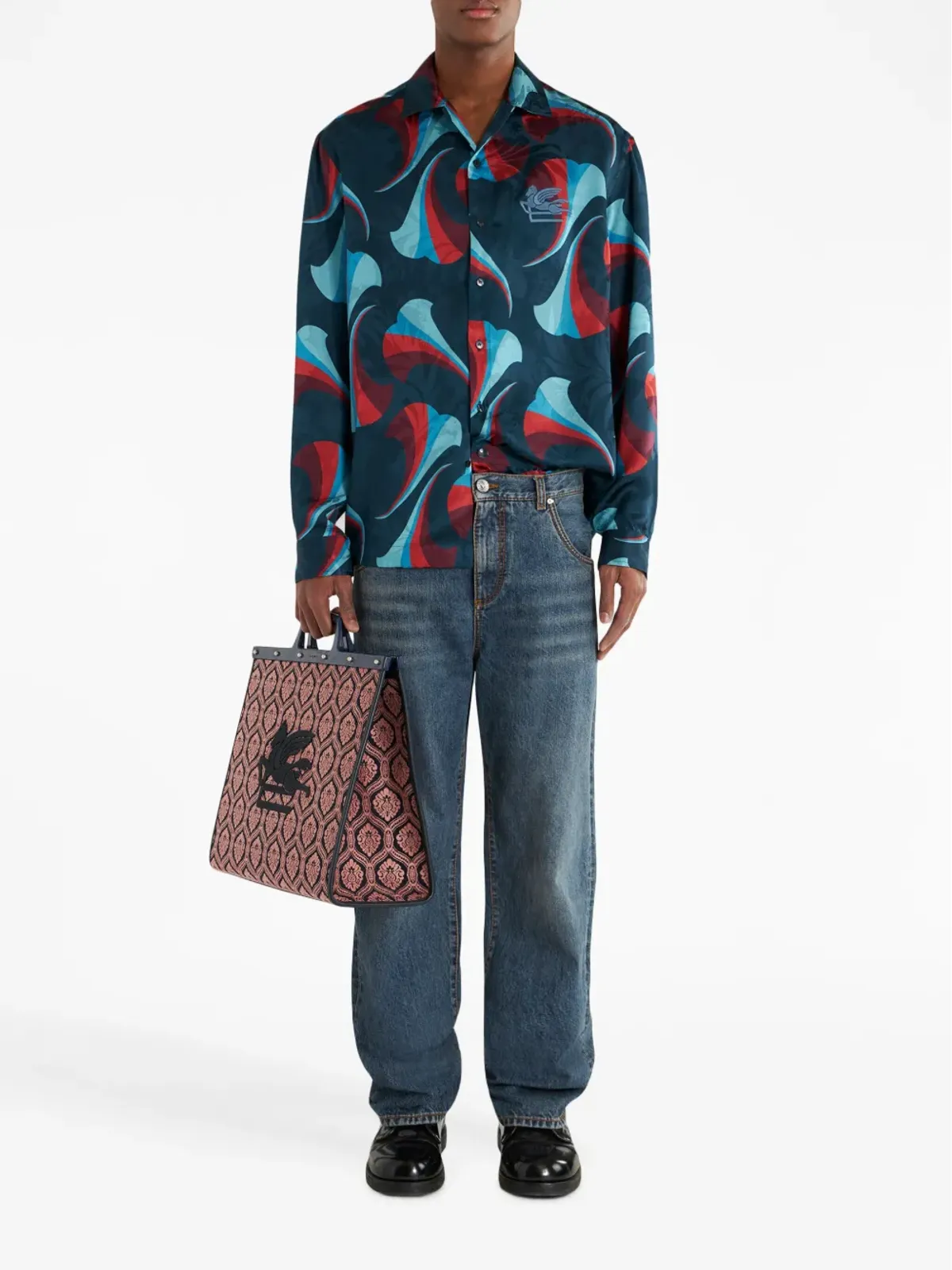 ETRO 花柄プリント シルク ボウリングシャツ ブルー - 画像2