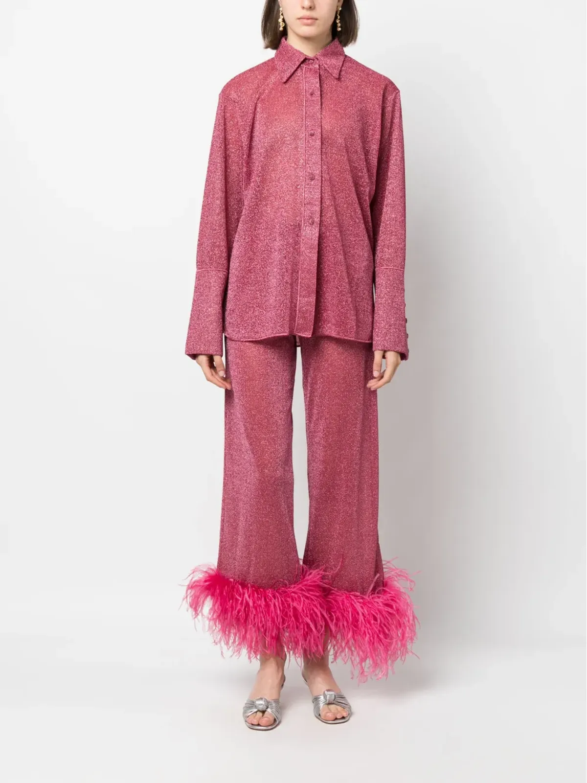 Oséree Lumière Lurex buttoned blouse - Red - 画像2