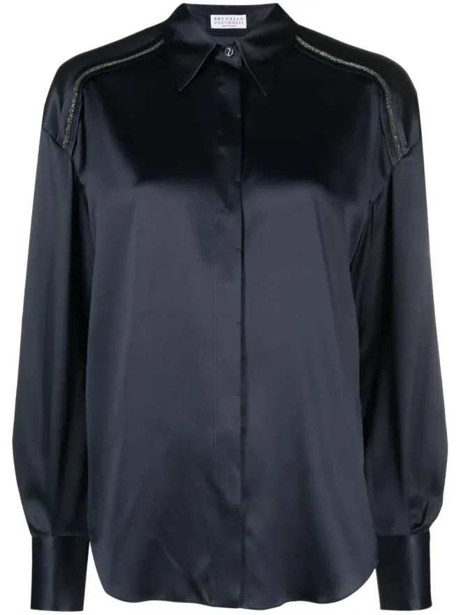 Brunello Cucinelli Brunello Cucinelli モニリ ビーズ装飾 シルクシャツ - ブルーの商品画像