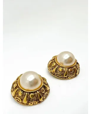 Jennifer Gibson Jewellery ヴィンテージ フレンチ クチュール エトラスカン ギャラリー付き ハーフパール ピアス 1980年代 ゴールド - サムネイル2